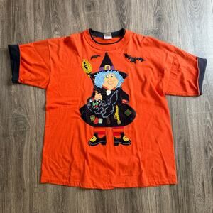 Vintage Halloween teacher shirt 90s witch & cat printed front/back orange black